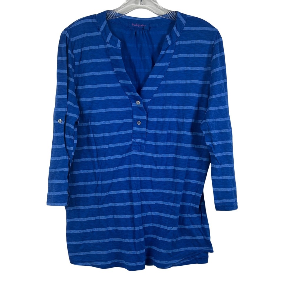 Fresh Produce Blue Striped Slub Cotton Roll Tab Sleeve Henley Top Large